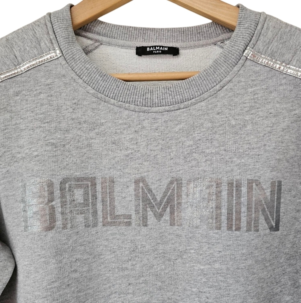 Balmain Paris Gray Embrossed Silver Crew Neck Sweatshirt S/M unisex - Picture 5 of 10